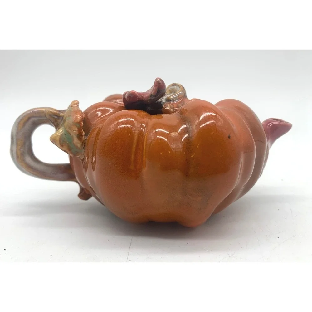 Vintage Pumpkin Teapot Orange Ceramic Fall Harvest Decorative Leaf Lid Small